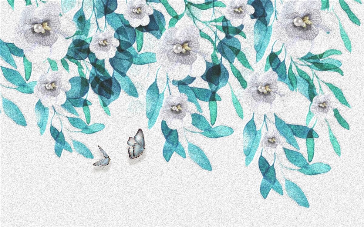 Fotobehang delicate witte bloemen worden omringd door vlinders