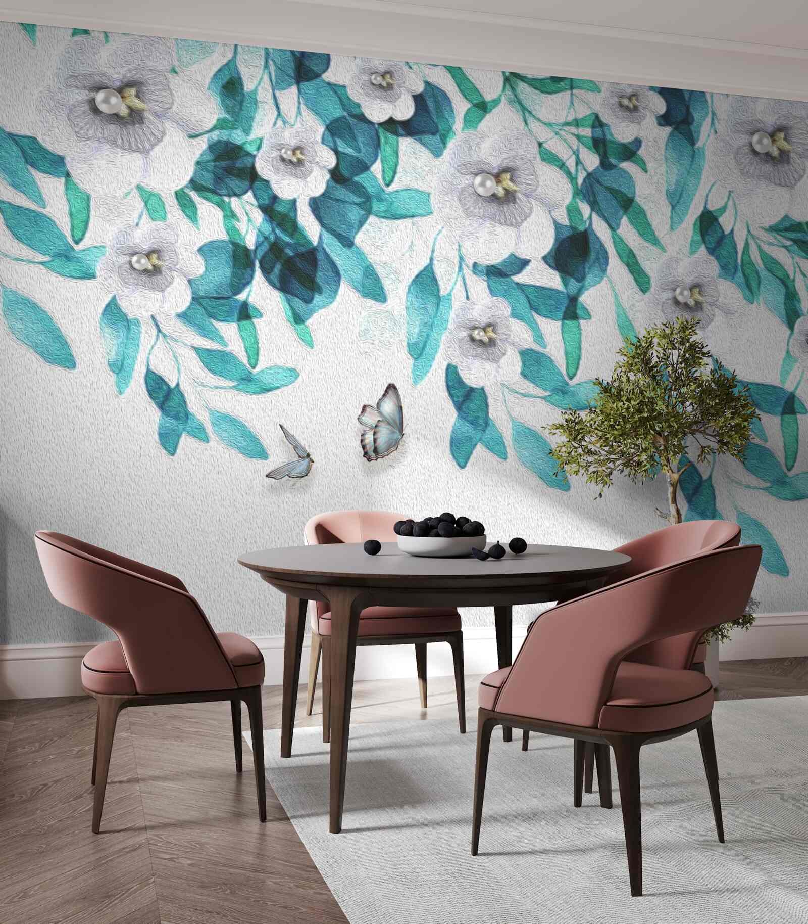 Fotobehang delicate witte bloemen worden omringd door vlinders