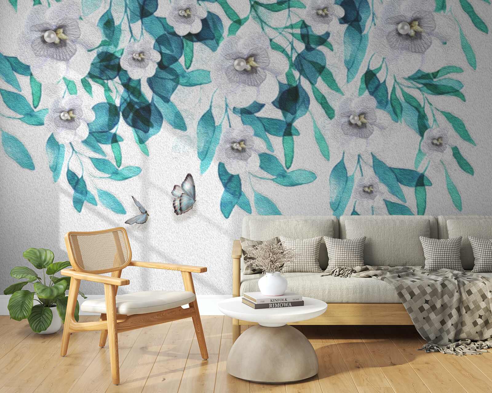 Fotobehang delicate witte bloemen worden omringd door vlinders