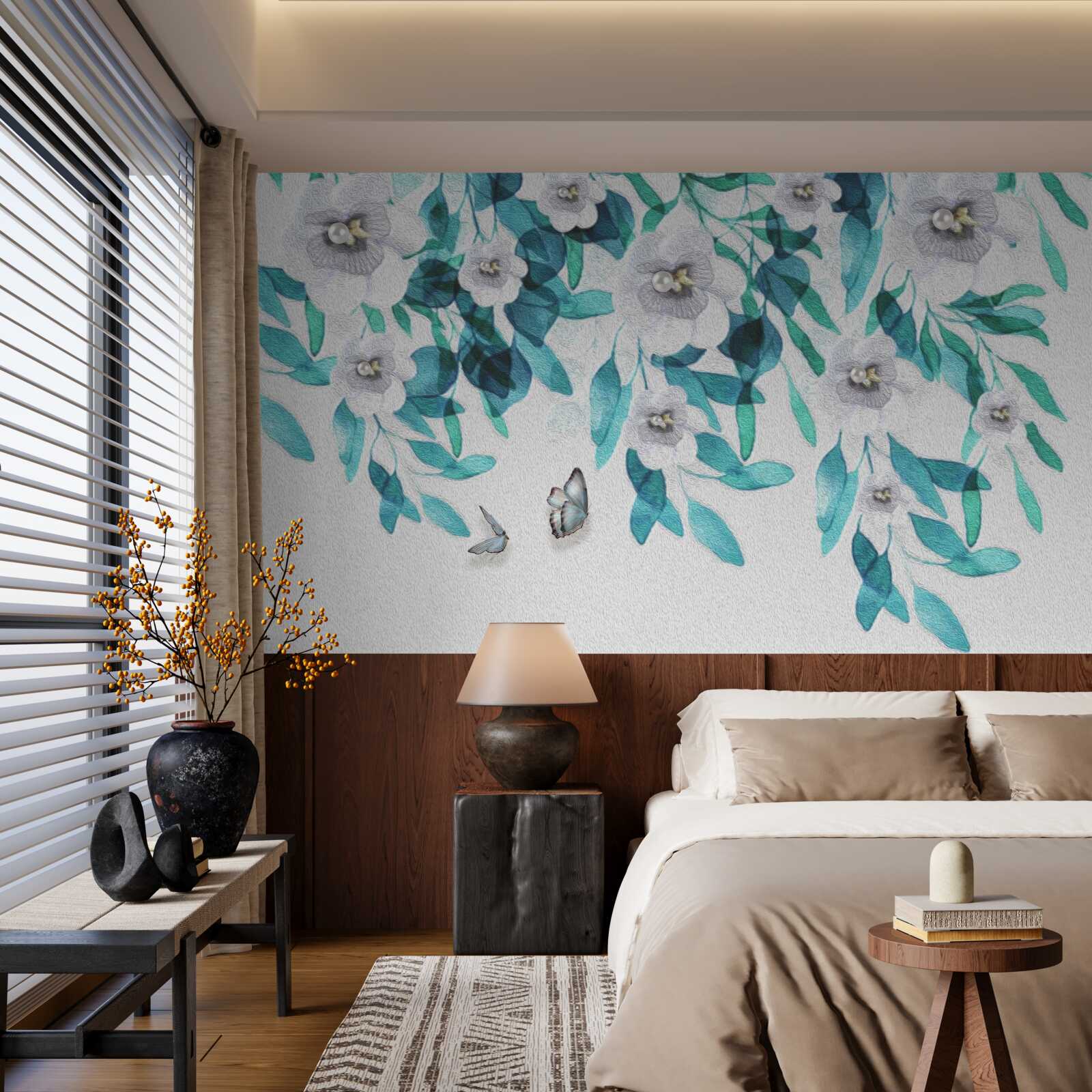 Fotobehang delicate witte bloemen worden omringd door vlinders