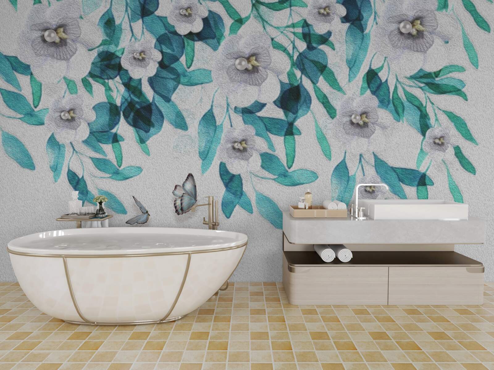 Fotobehang delicate witte bloemen worden omringd door vlinders