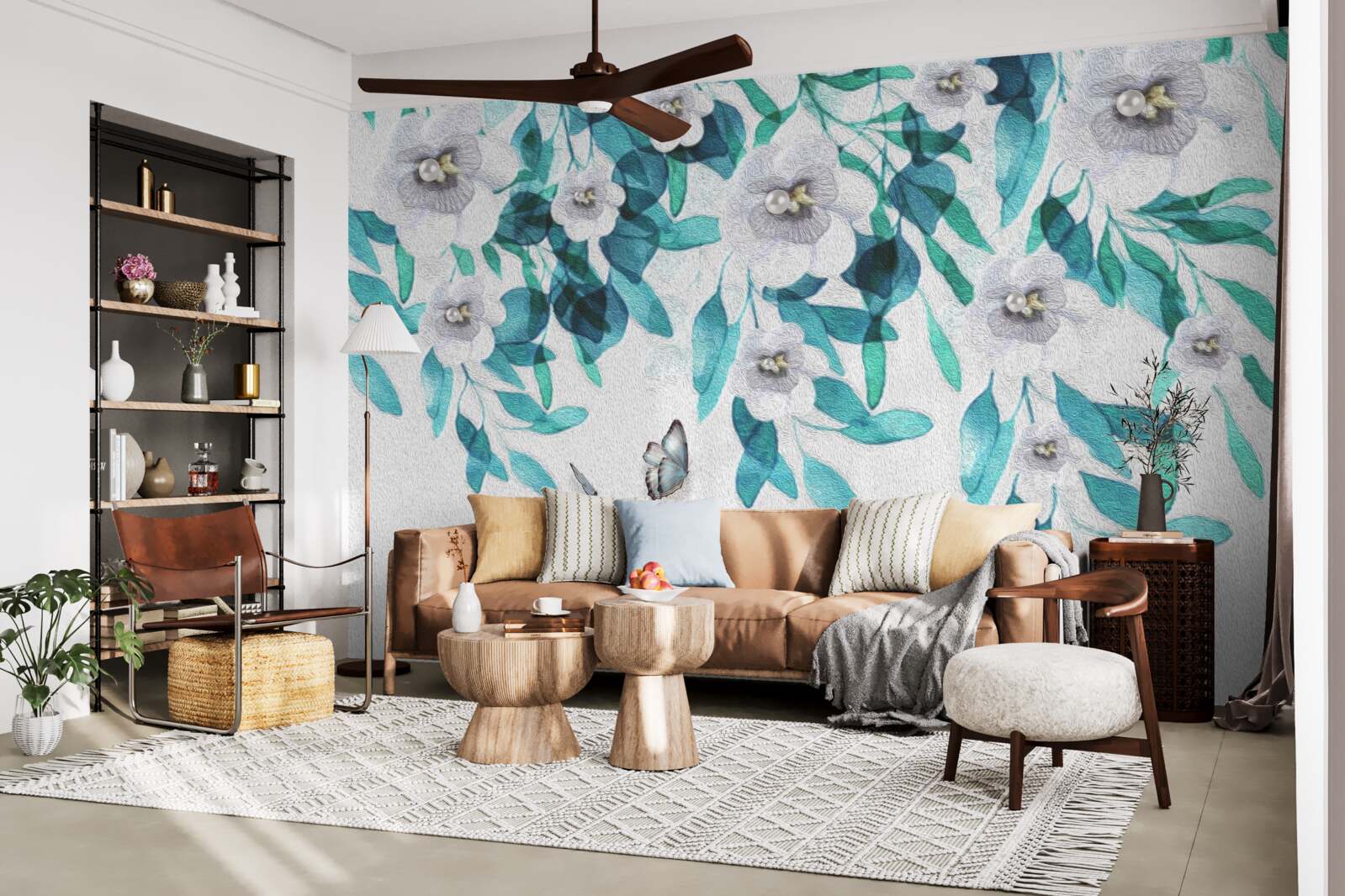 Fotobehang delicate witte bloemen worden omringd door vlinders