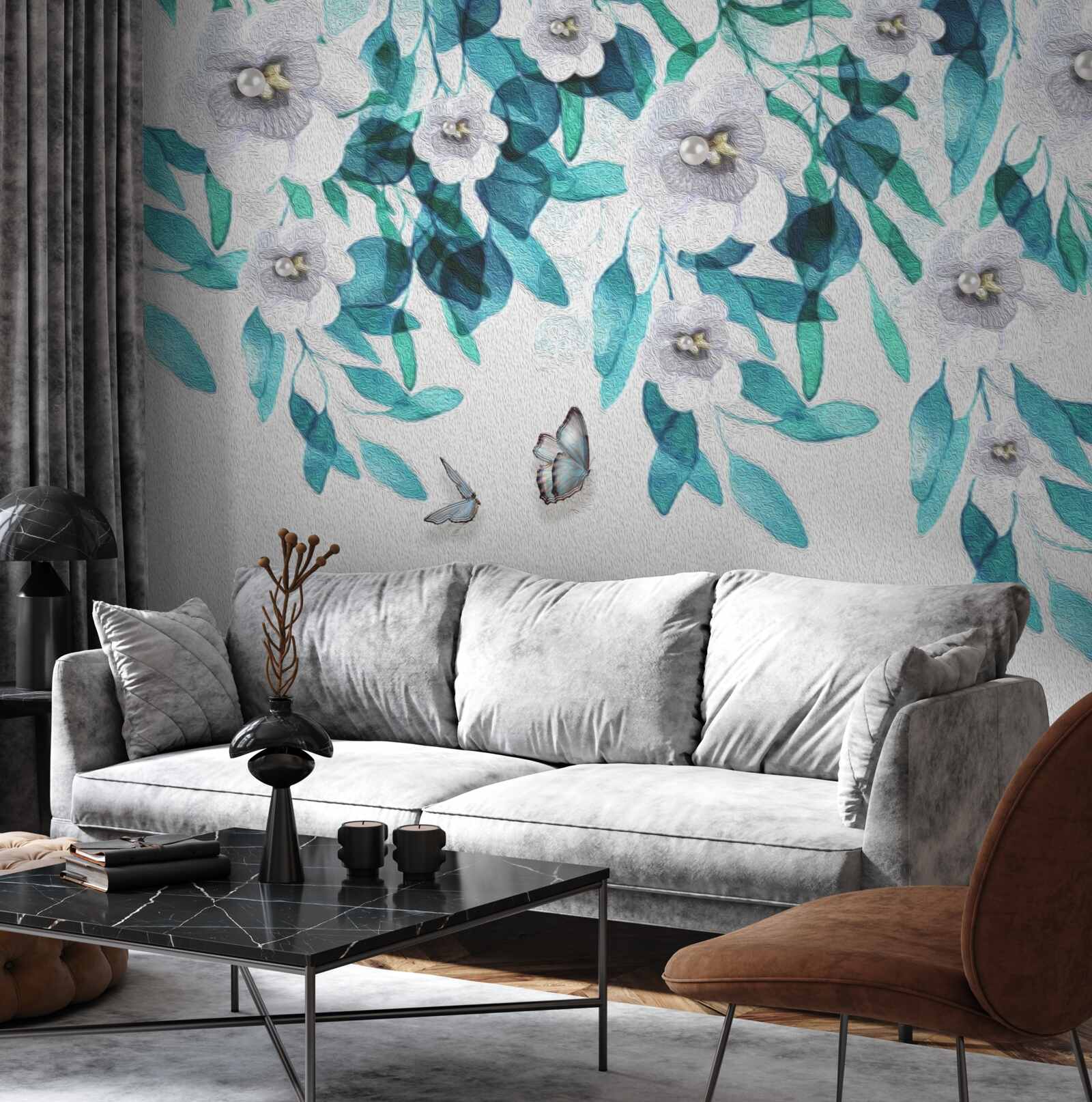 Fotobehang delicate witte bloemen worden omringd door vlinders