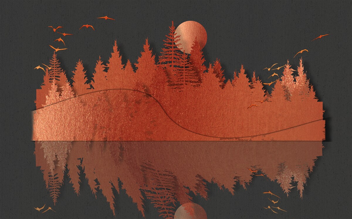 Fotobehang waterspiegel toont rood bos