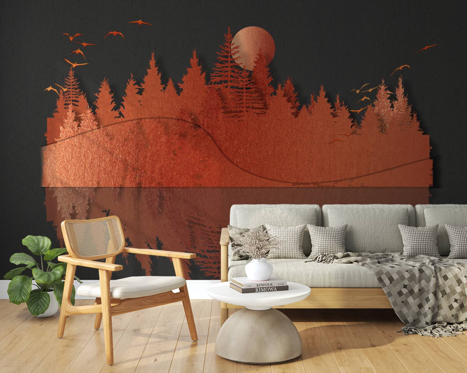 Fotobehang waterspiegel toont rood bos