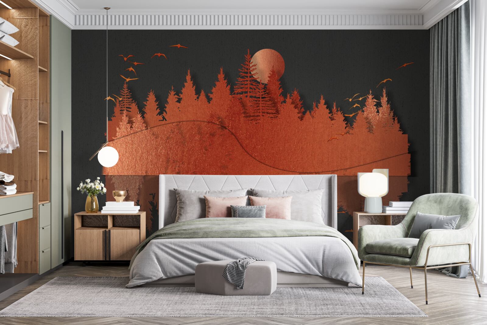 Fotobehang waterspiegel toont rood bos