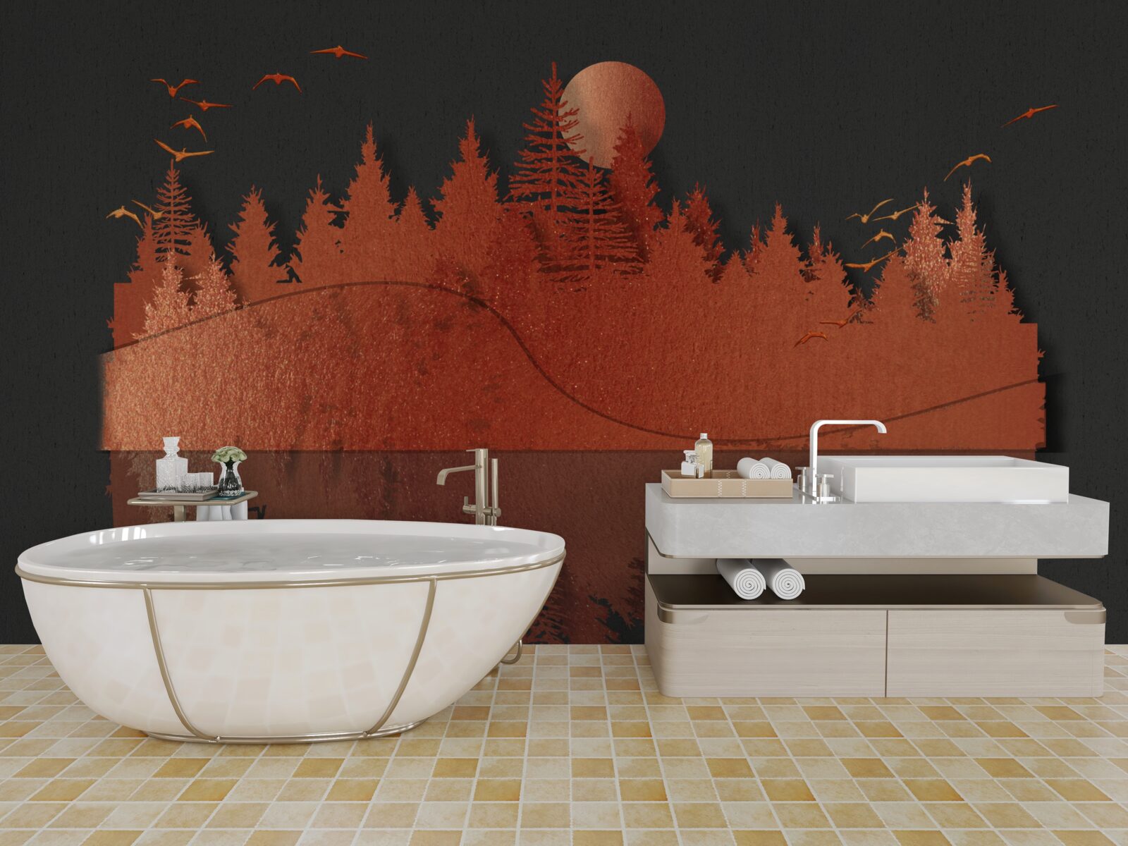 Fotobehang waterspiegel toont rood bos