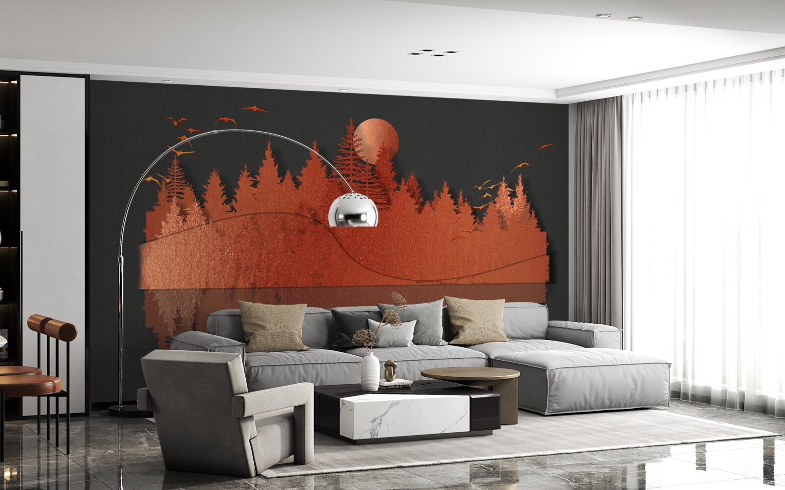 Fotobehang waterspiegel toont rood bos