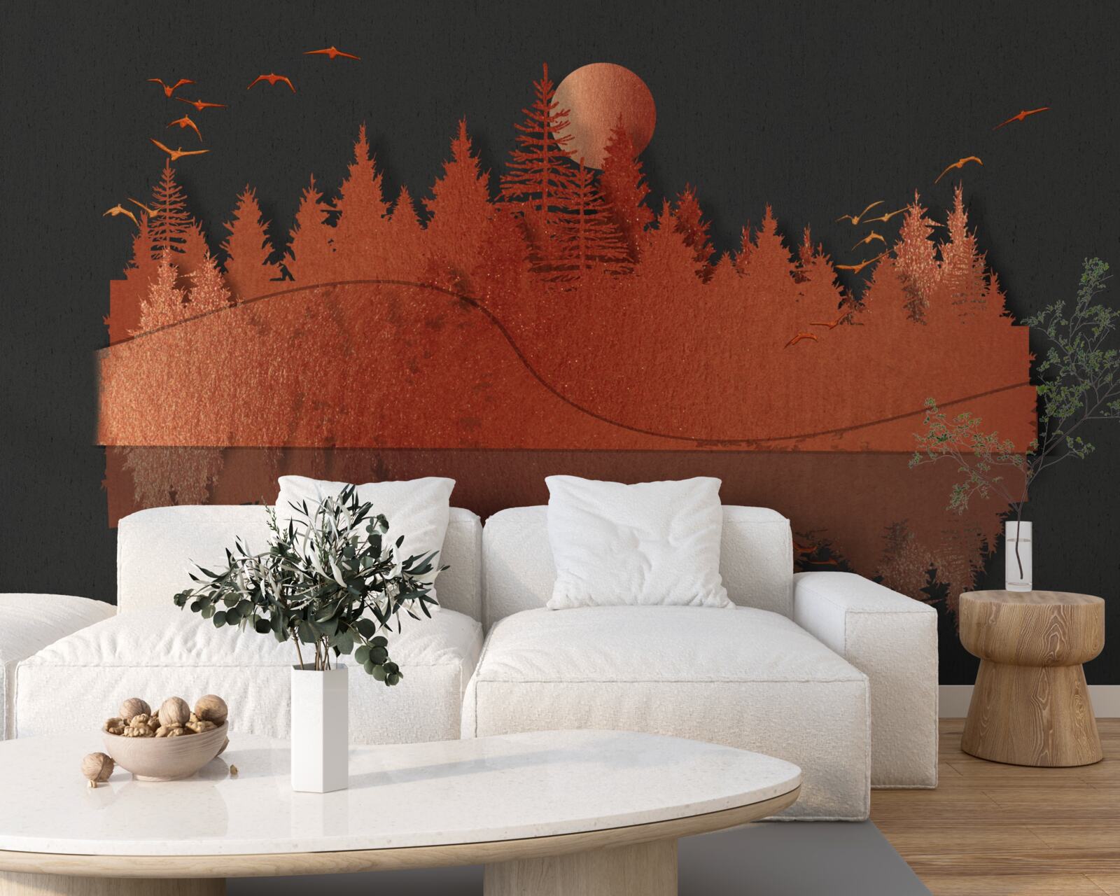 Fotobehang waterspiegel toont rood bos