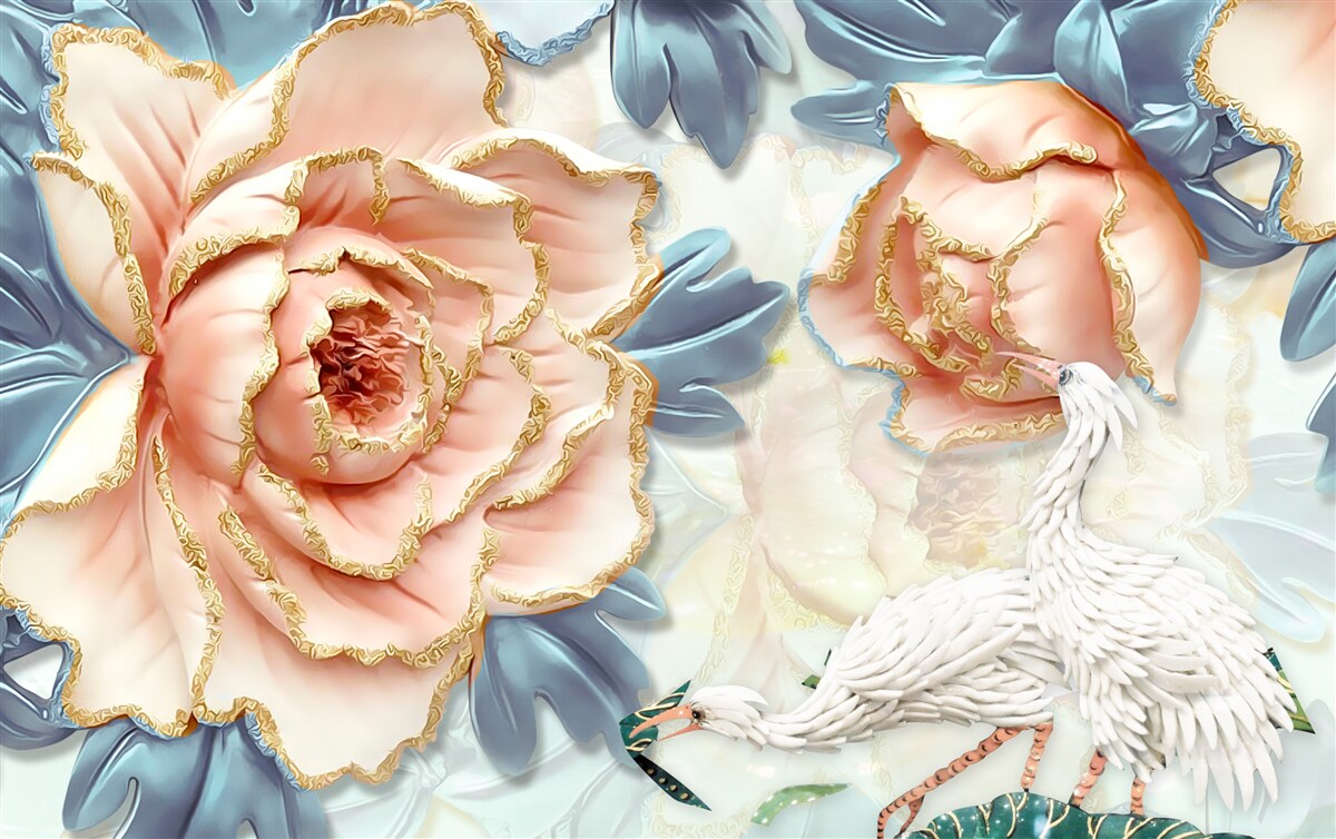 Fotobehang perzikrozen en witte zwanen