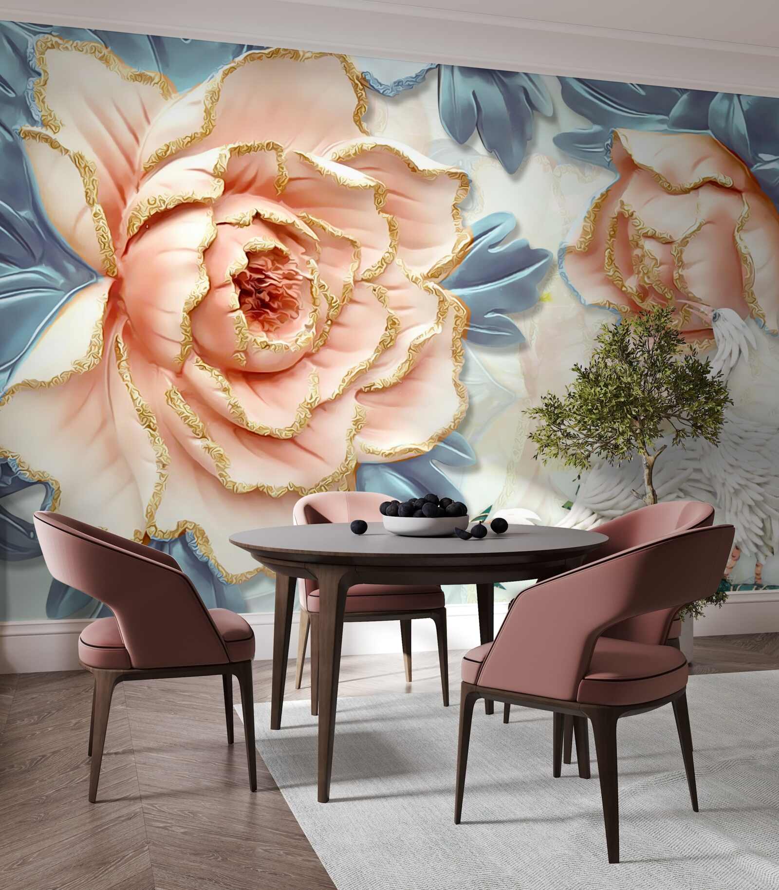 Fotobehang perzikrozen en witte zwanen