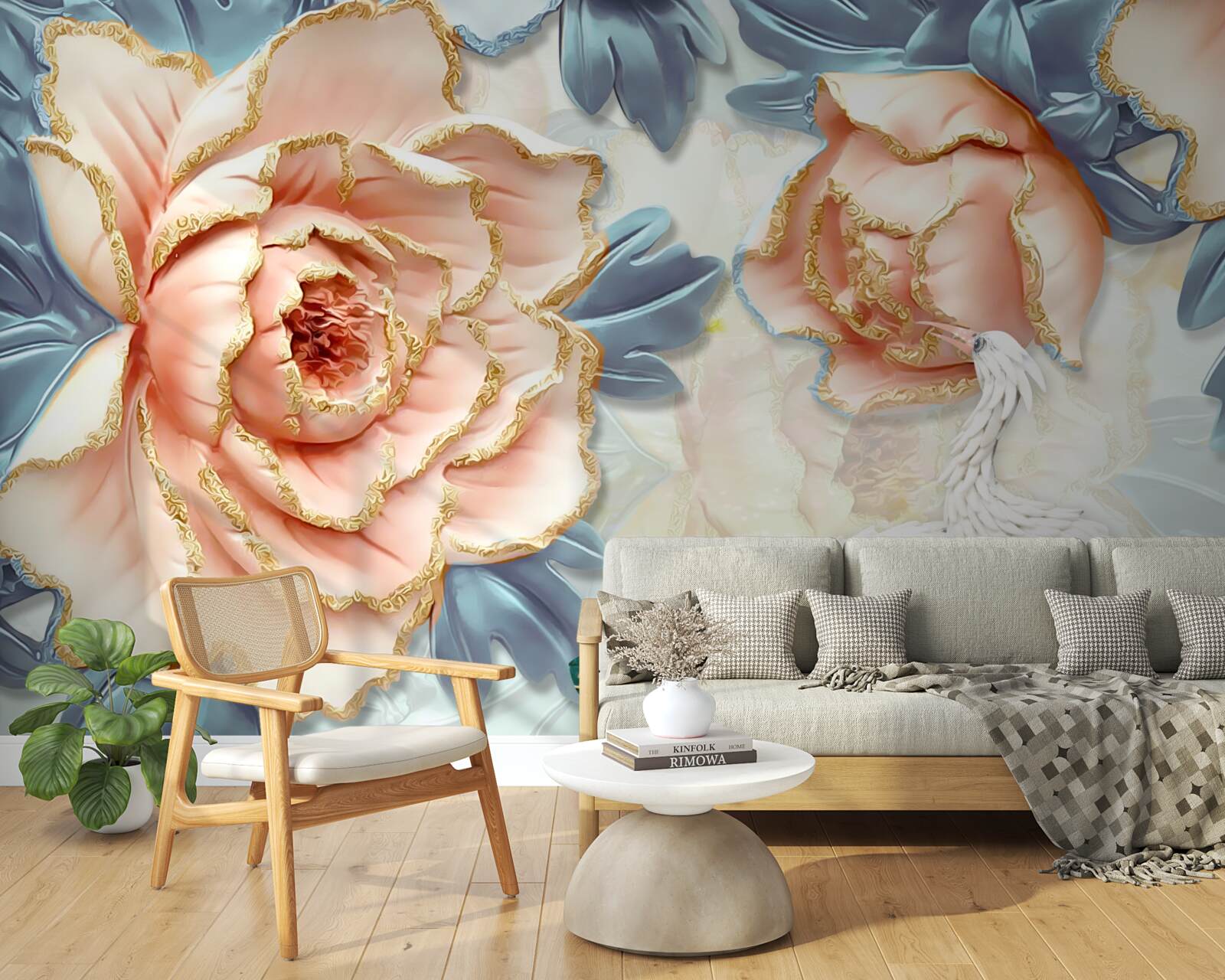 Fotobehang perzikrozen en witte zwanen