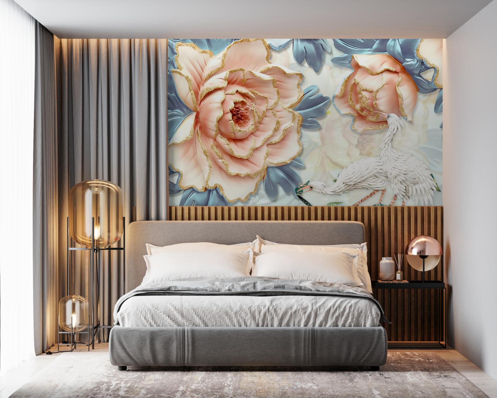 Fotobehang perzikrozen en witte zwanen