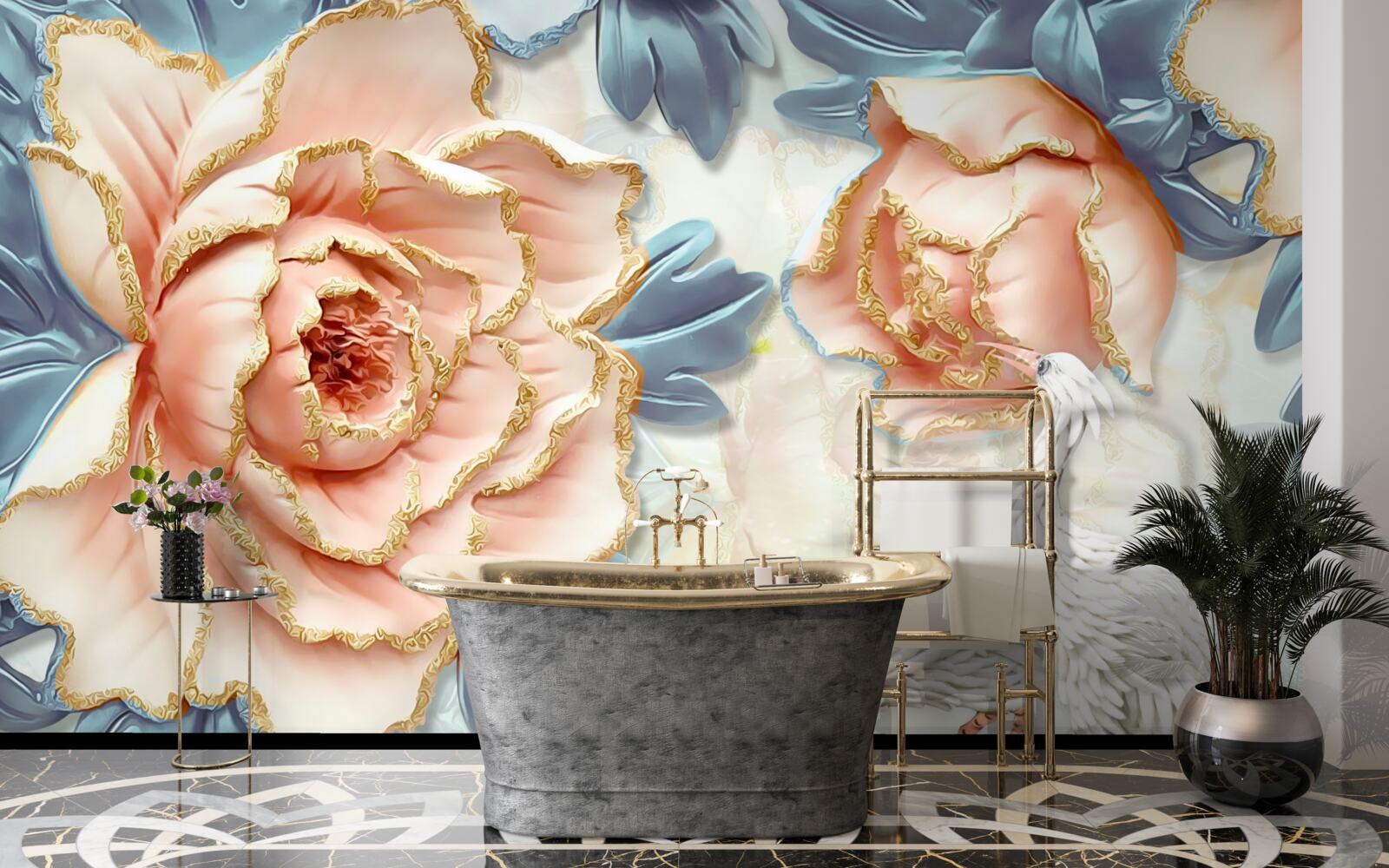 Fotobehang perzikrozen en witte zwanen