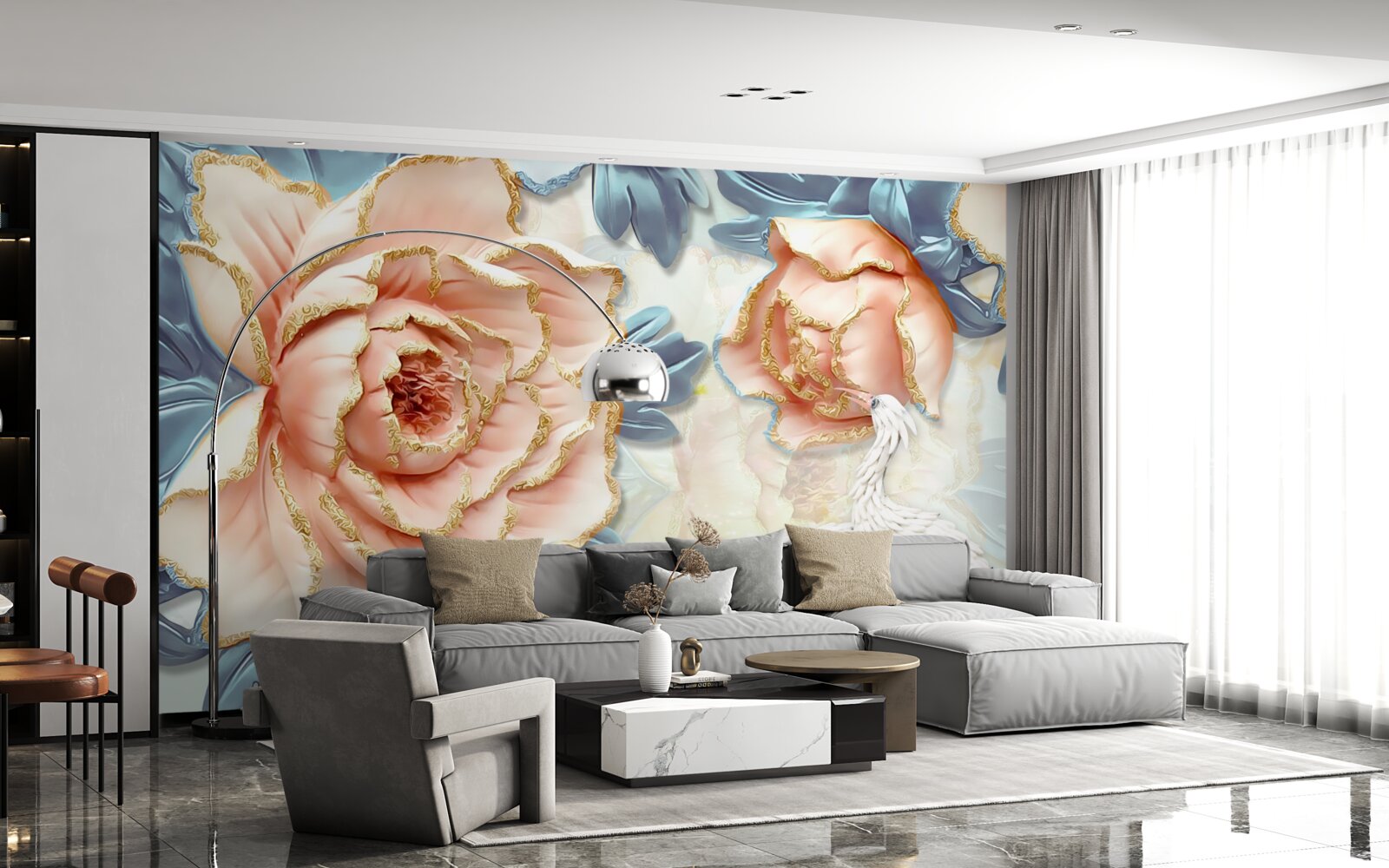 Fotobehang perzikrozen en witte zwanen