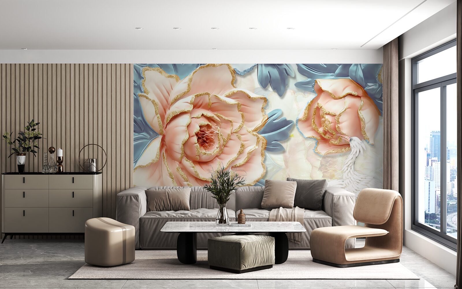 Fotobehang perzikrozen en witte zwanen