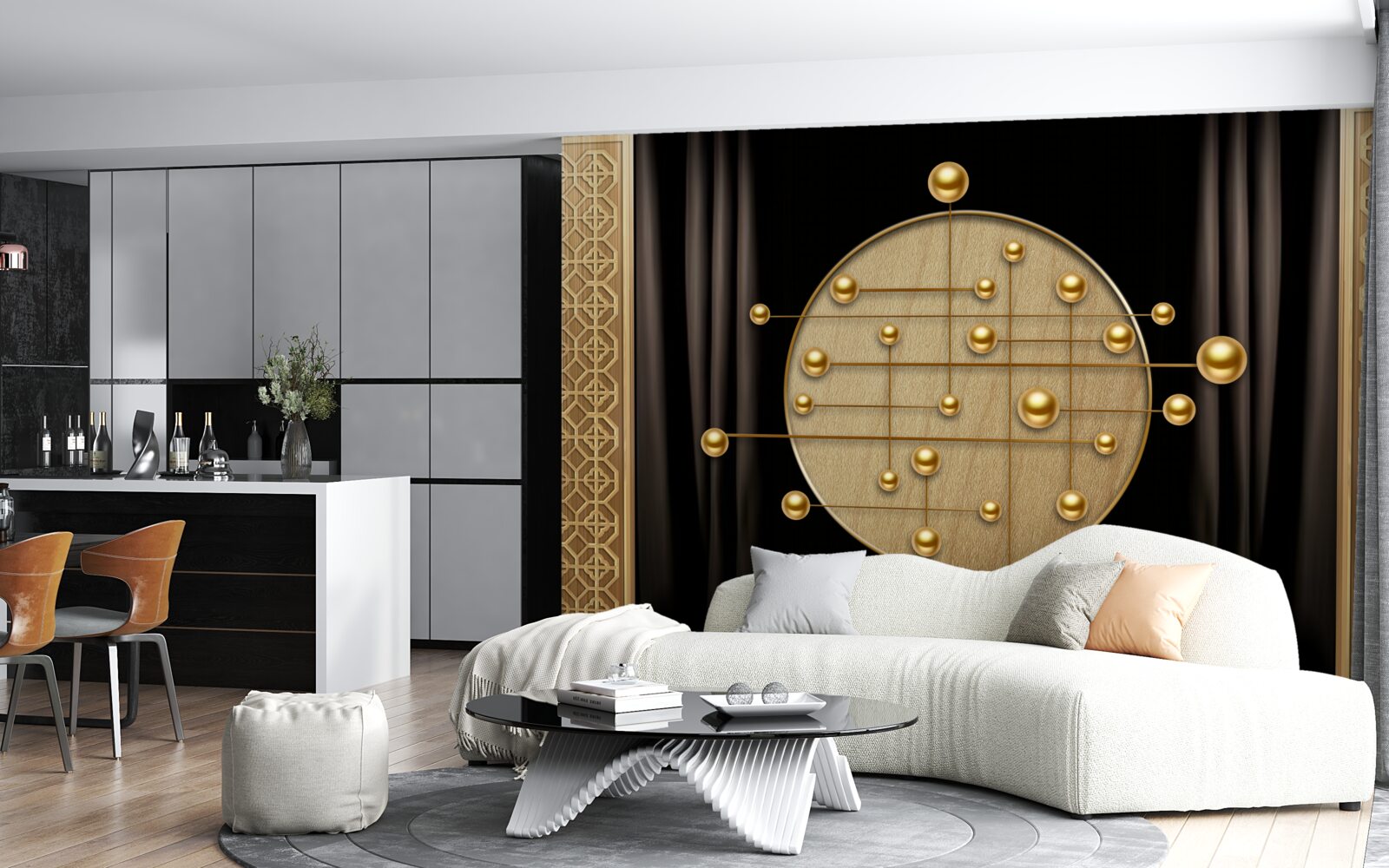 Fotobehang zwarte achtergrond verzadigd met orbitaal goud