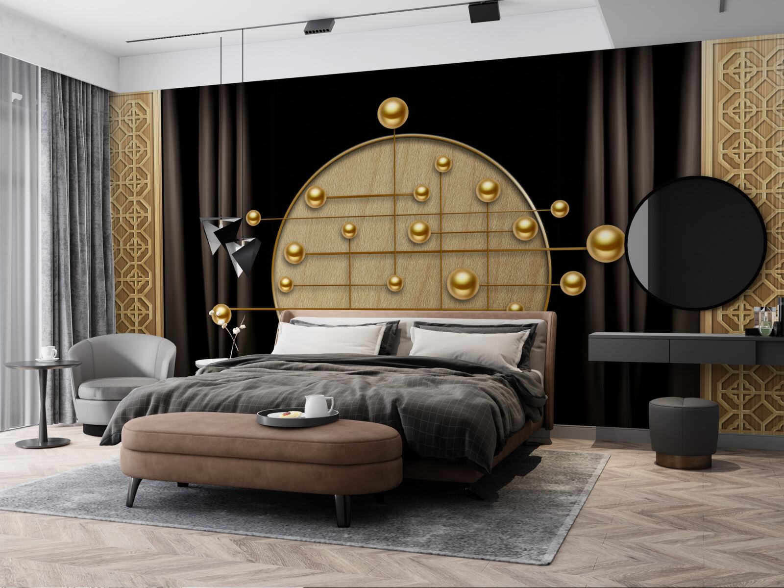 Fotobehang zwarte achtergrond verzadigd met orbitaal goud