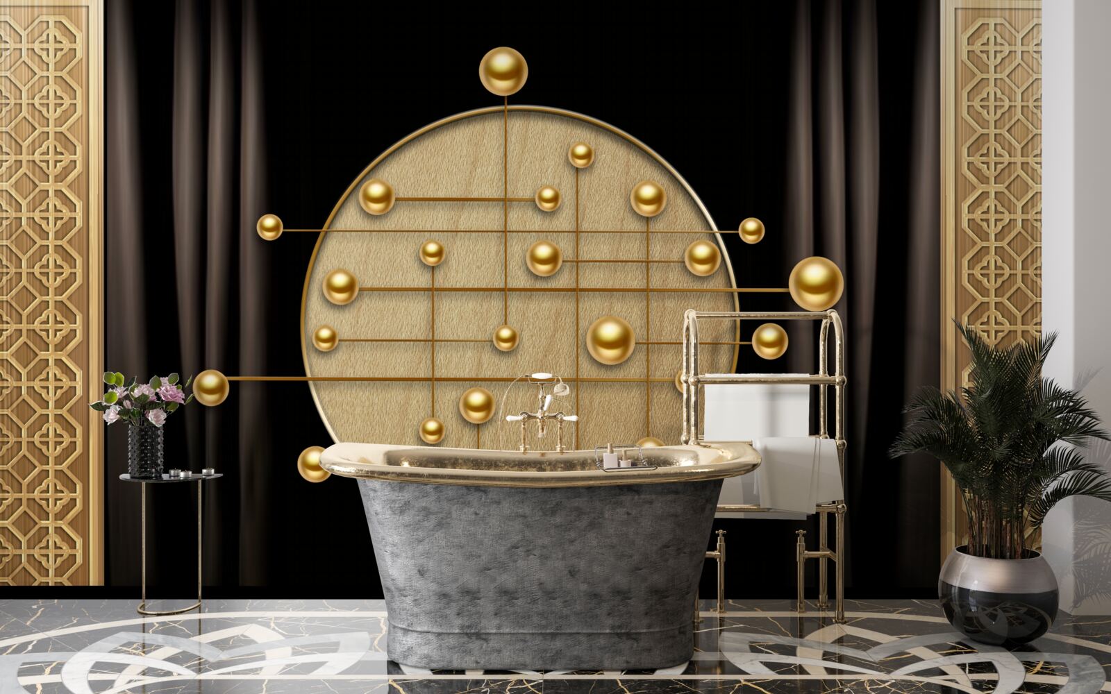 Fotobehang zwarte achtergrond verzadigd met orbitaal goud