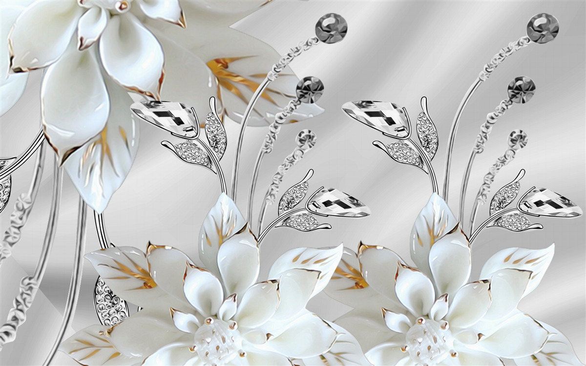 Fotobehang witte en gouden bloemen versierd op zijden stof