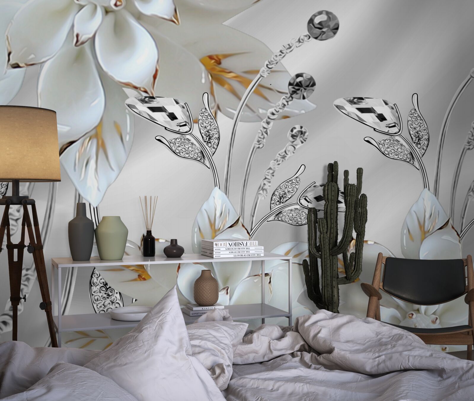 Fotobehang witte en gouden bloemen versierd op zijden stof