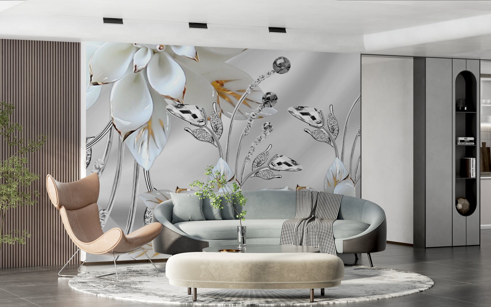 Fotobehang witte en gouden bloemen versierd op zijden stof