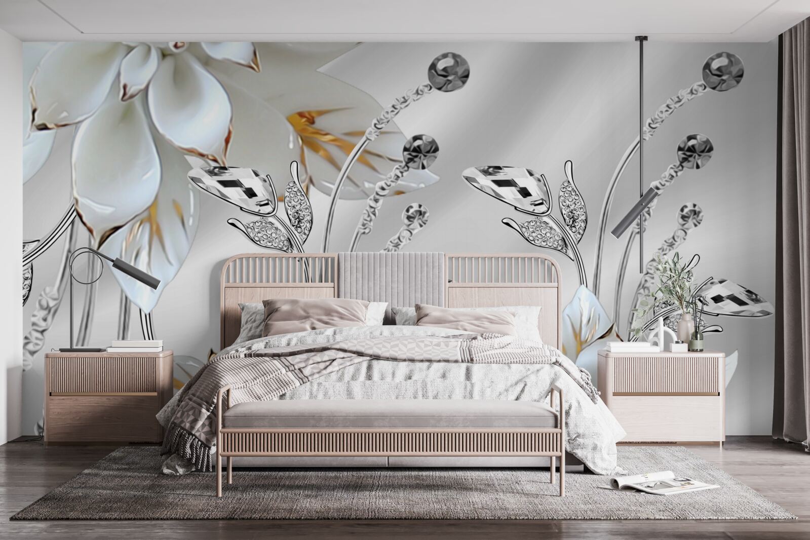 Fotobehang witte en gouden bloemen versierd op zijden stof