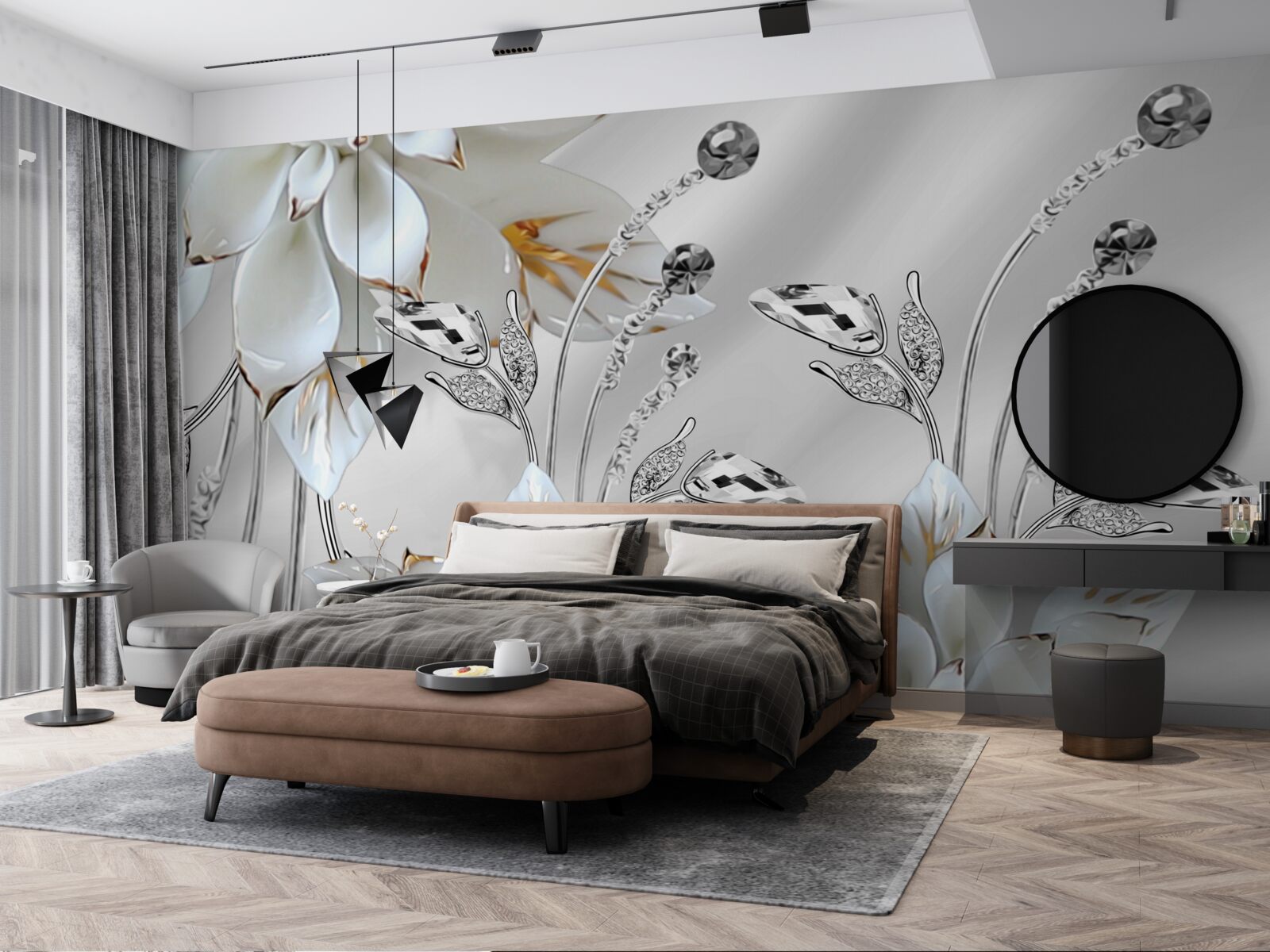 Fotobehang witte en gouden bloemen versierd op zijden stof