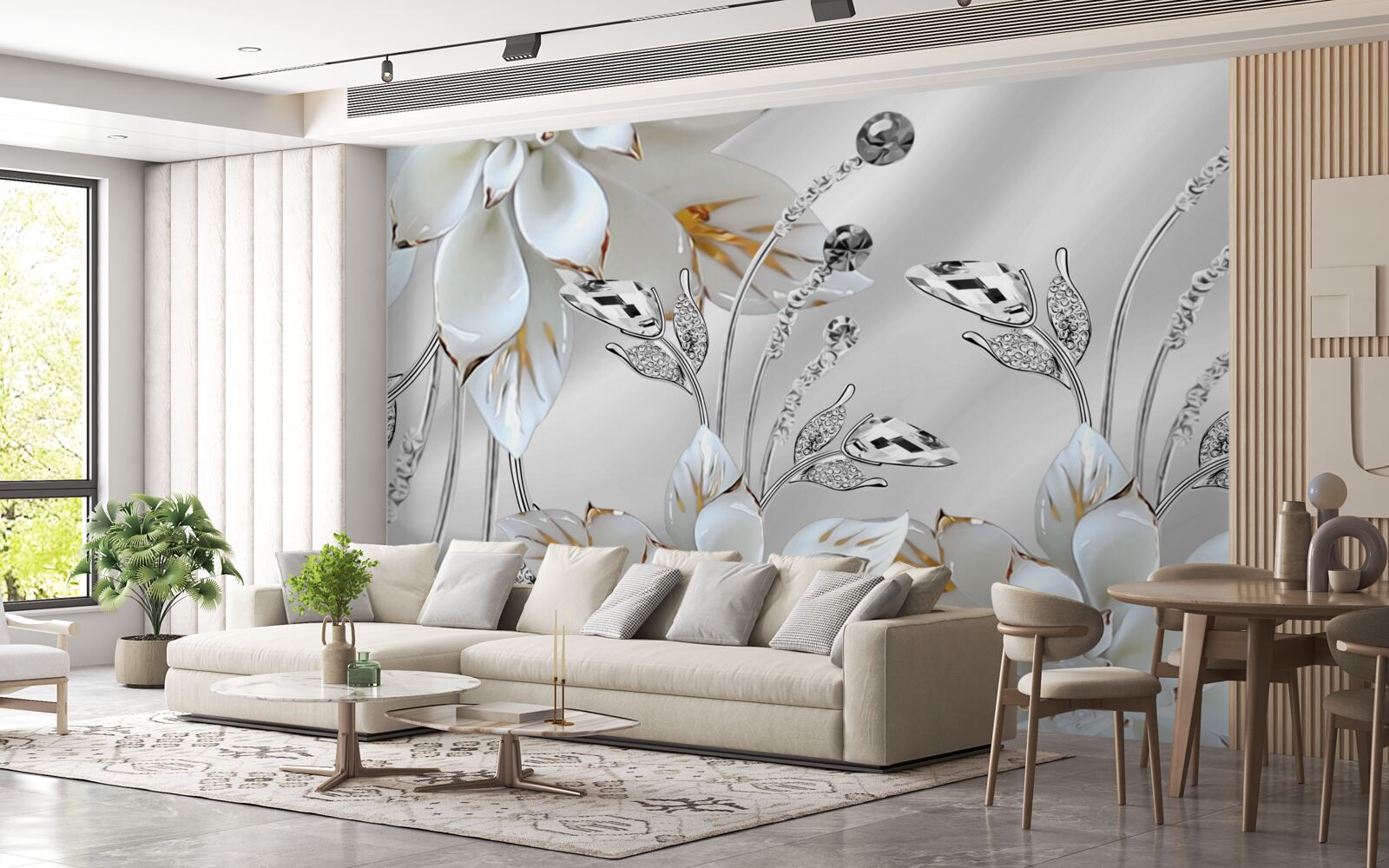 Fotobehang witte en gouden bloemen versierd op zijden stof