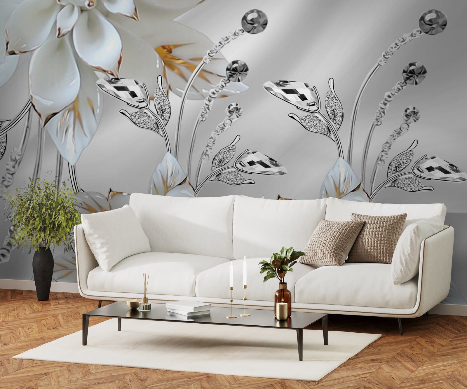 Fotobehang witte en gouden bloemen versierd op zijden stof