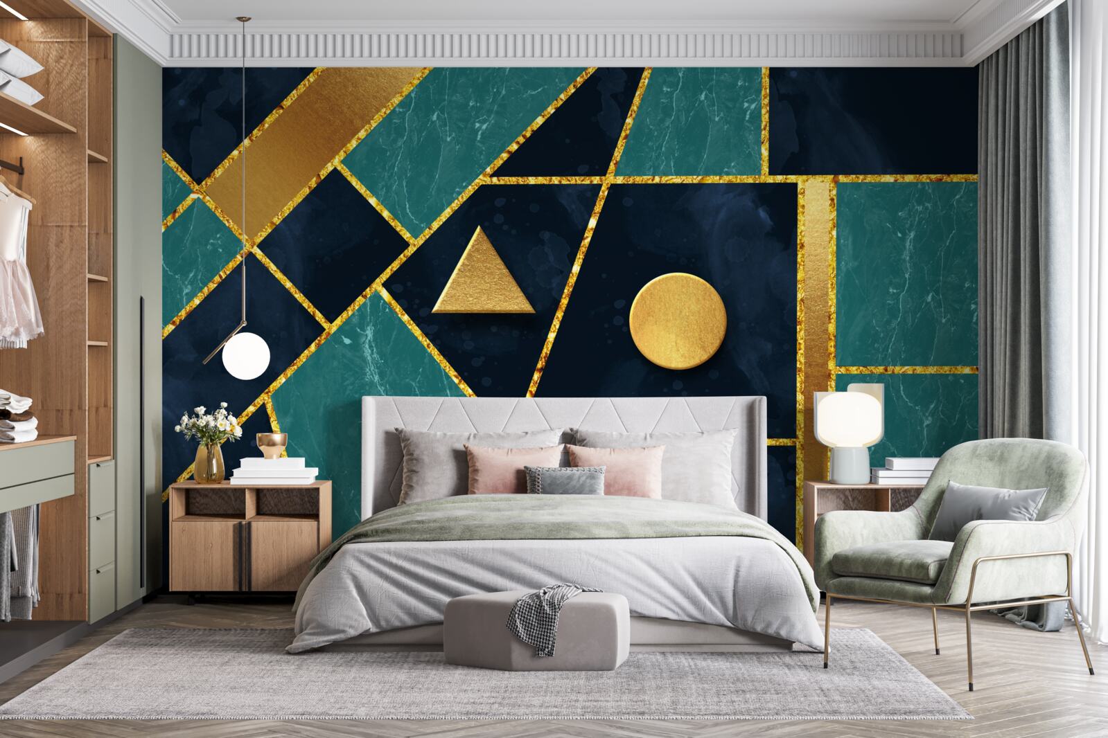 Fotobehang mozaïek in gouden en smaragdgroene tinten