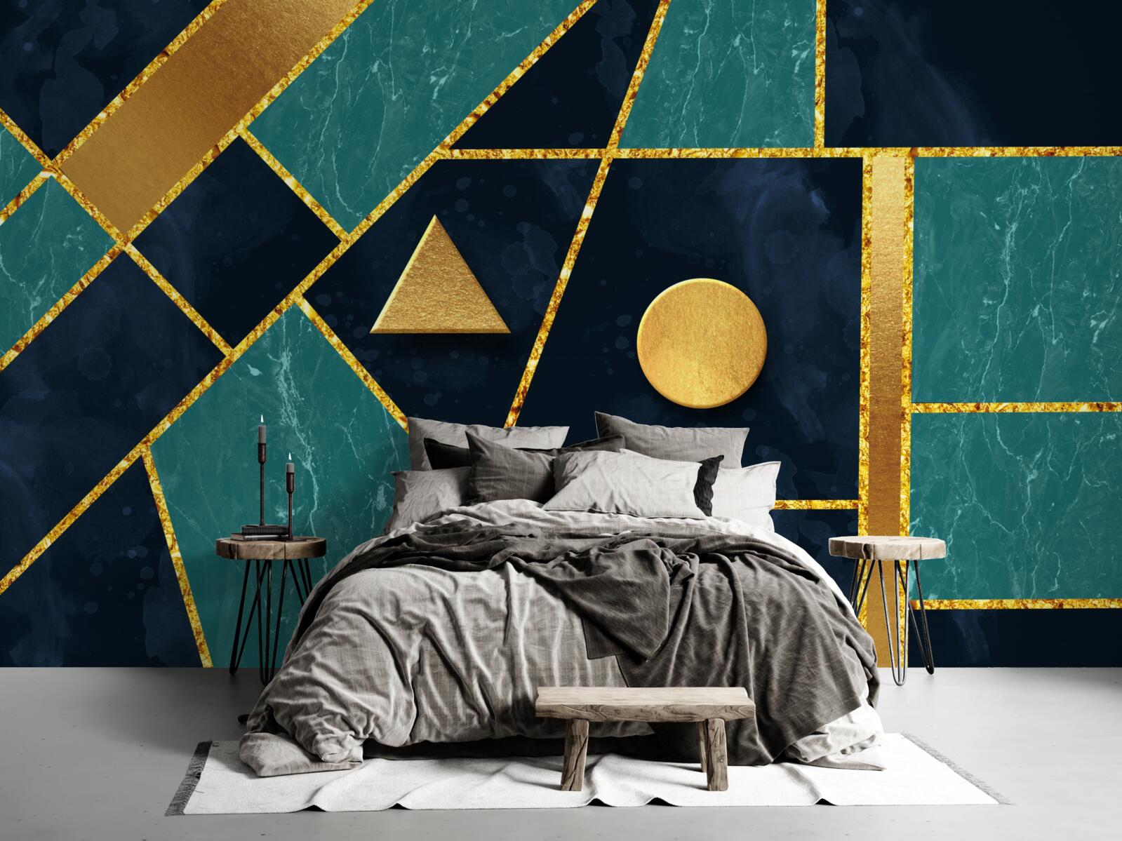 Fotobehang mozaïek in gouden en smaragdgroene tinten