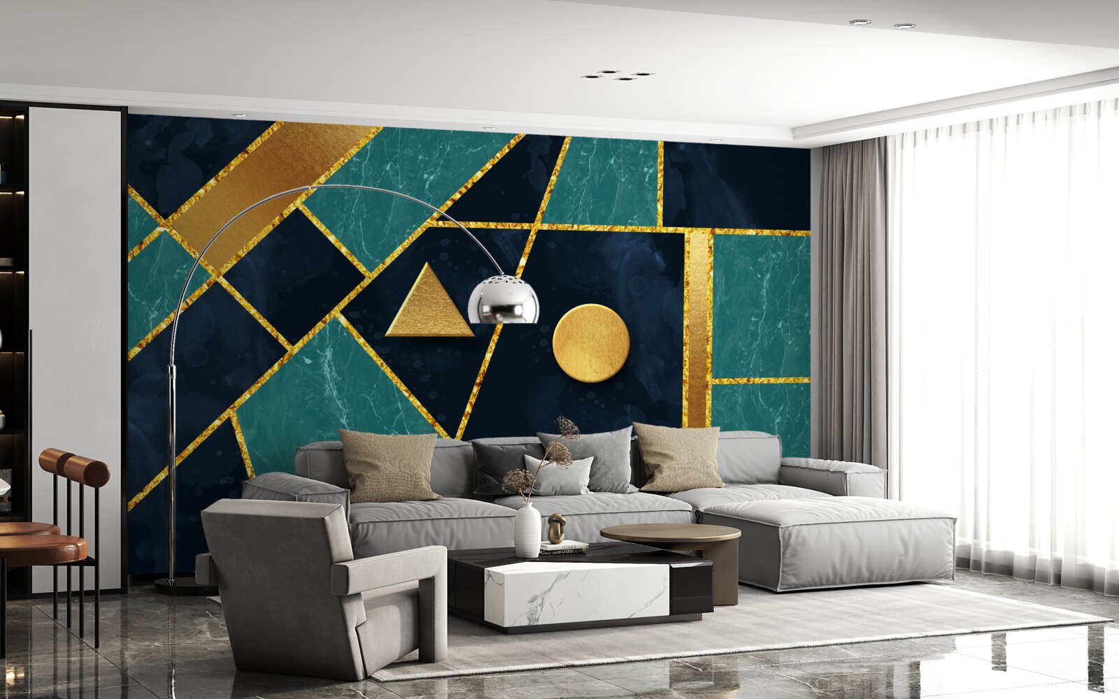 Fotobehang mozaïek in gouden en smaragdgroene tinten