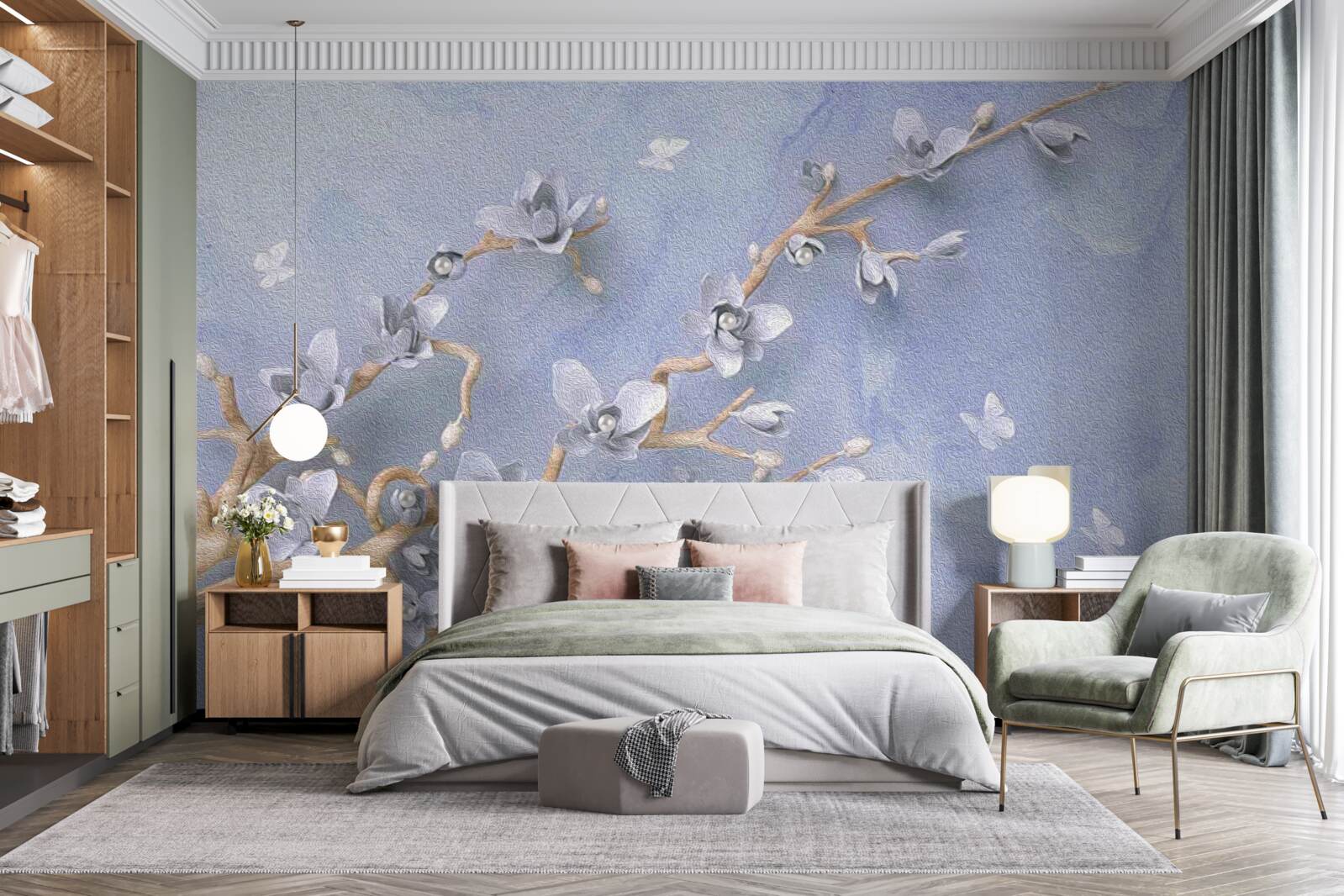 Fotobehang tak met witte bloemen