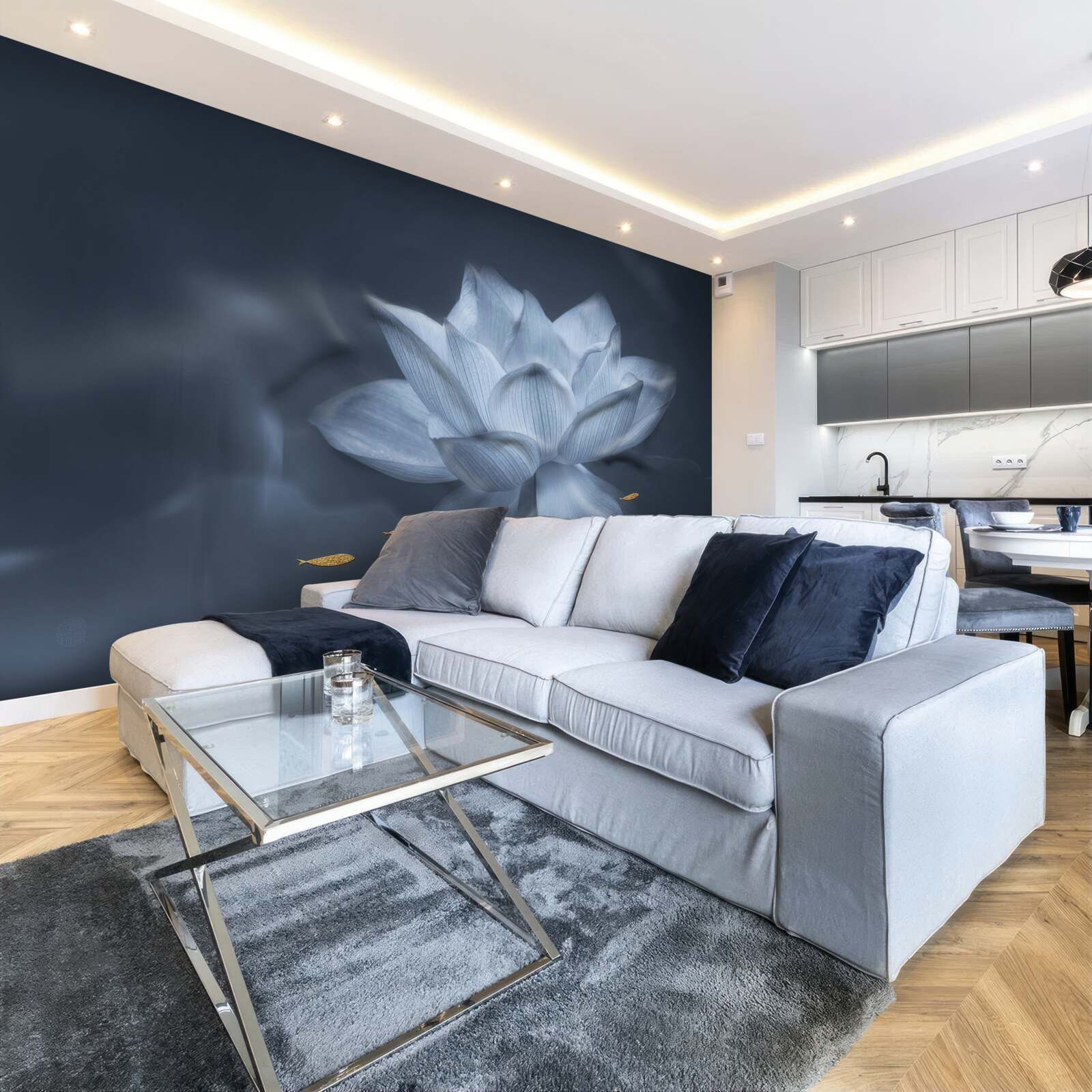 Fotobehang goudvis en witte lotus