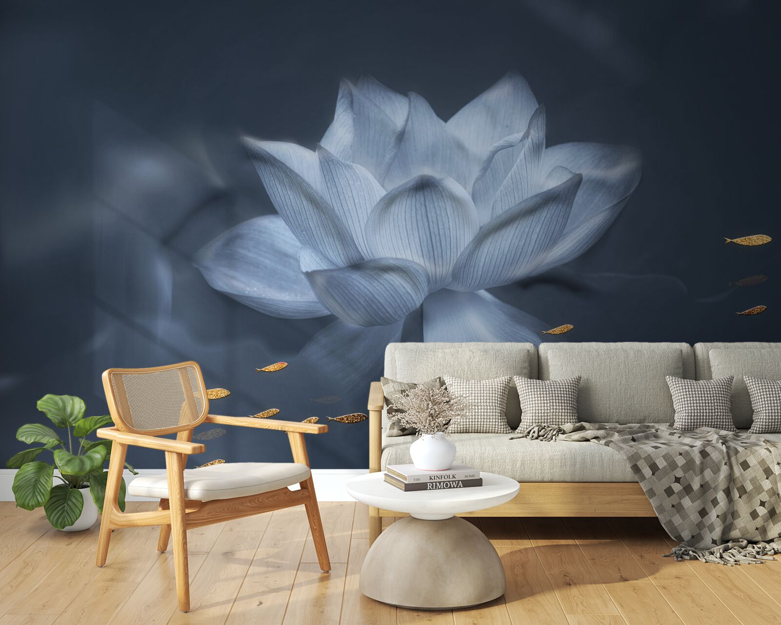 Fotobehang goudvis en witte lotus