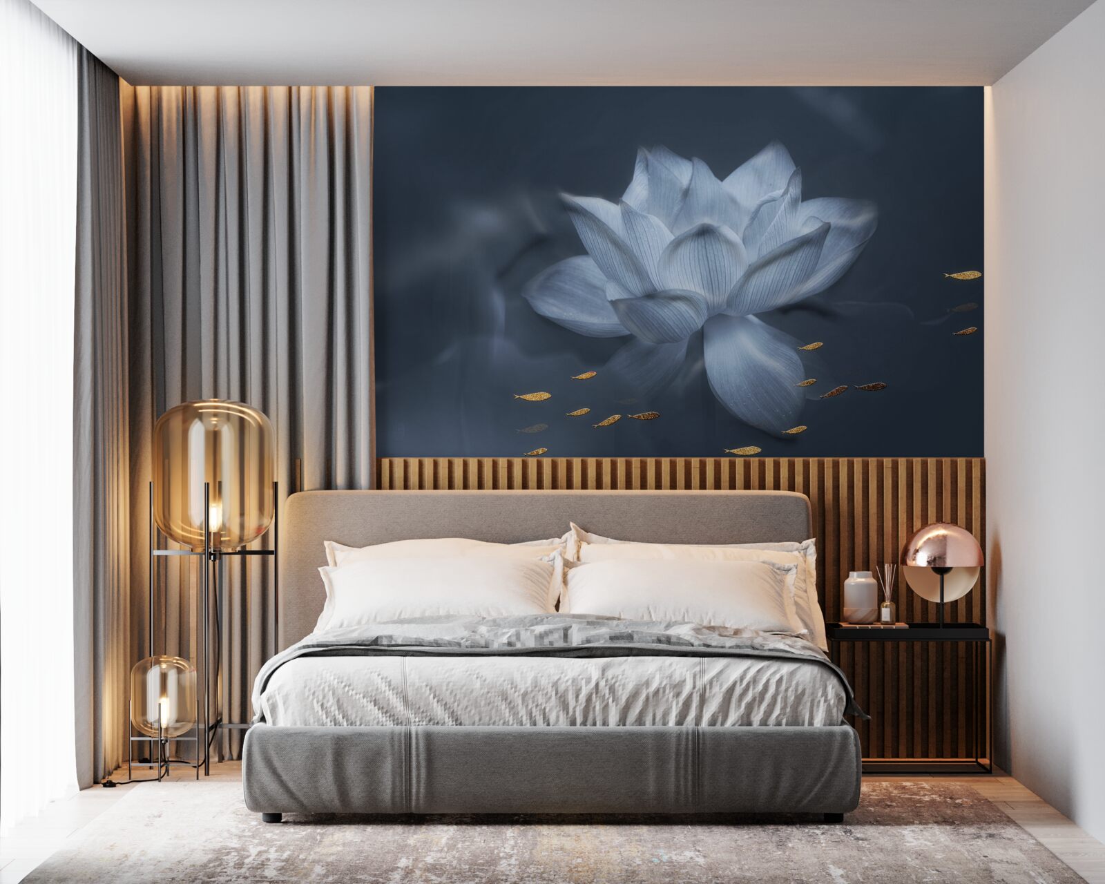 Fotobehang goudvis en witte lotus