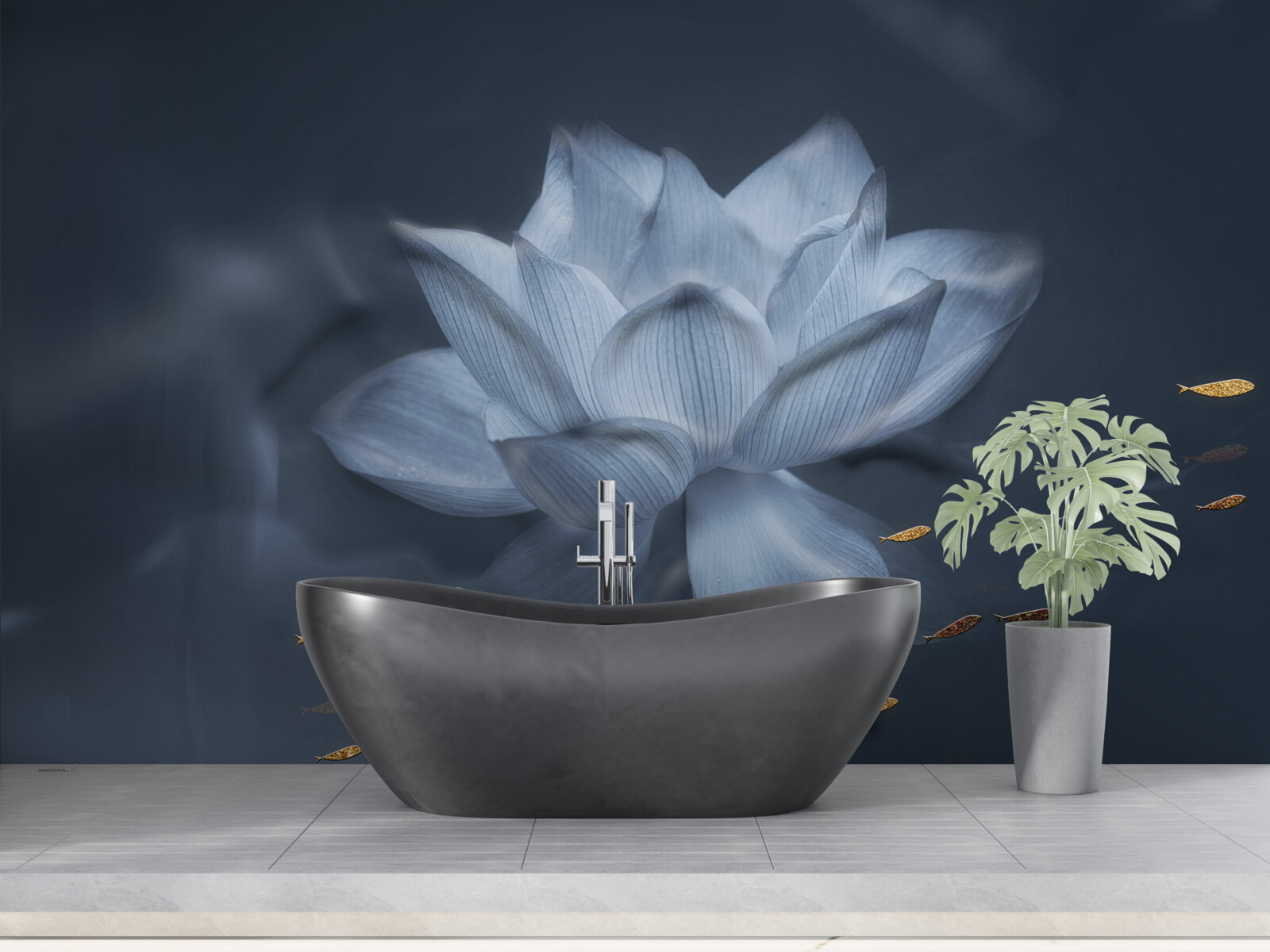 Fotobehang goudvis en witte lotus