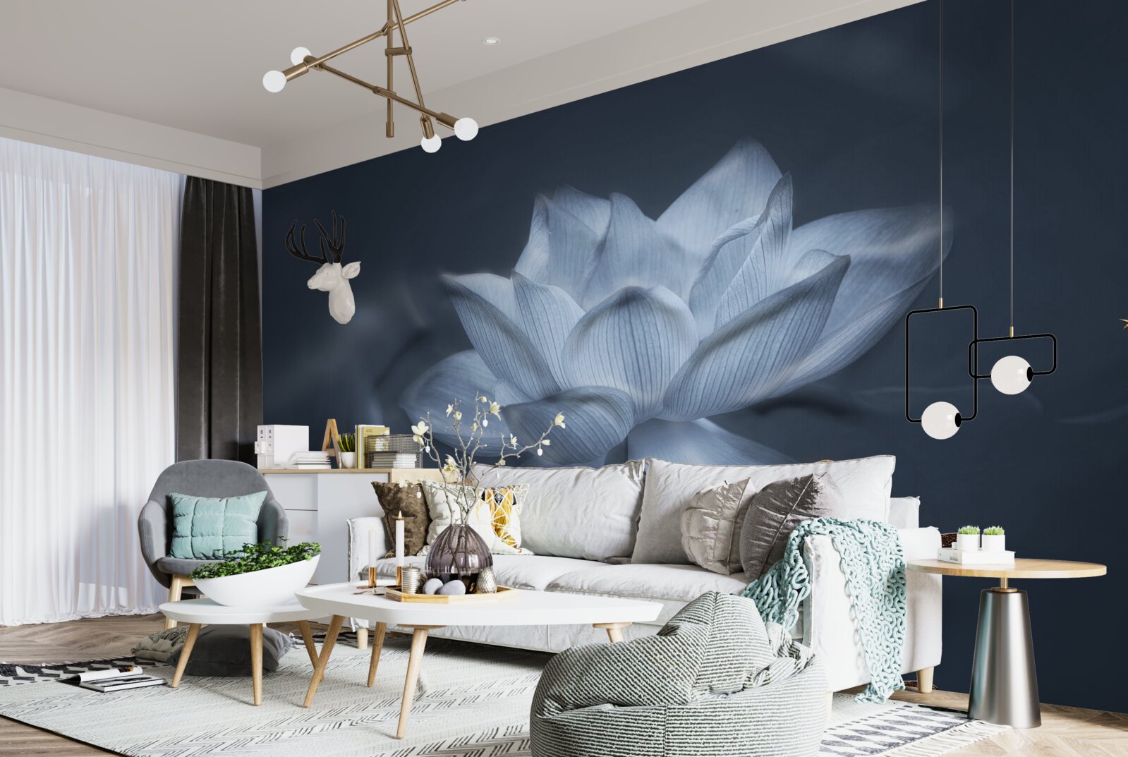 Fotobehang goudvis en witte lotus