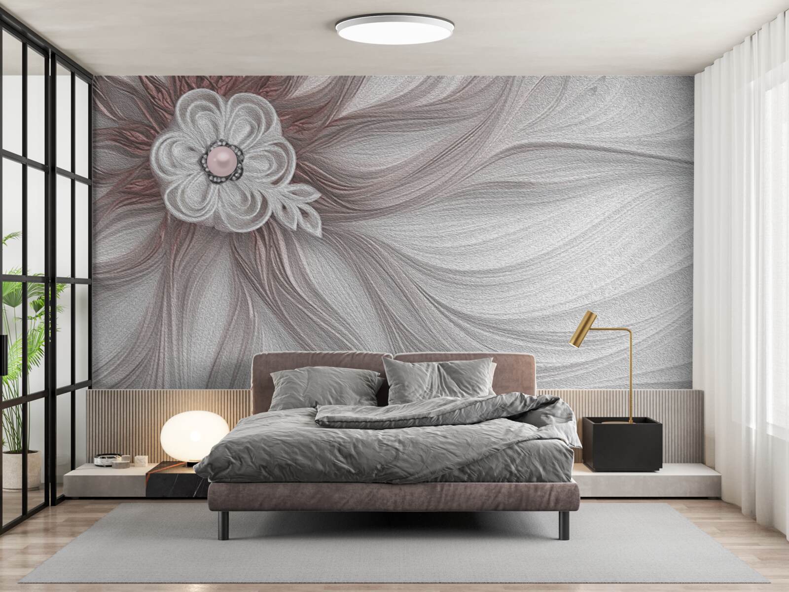 Fotobehang Het midden van de witte bloem is versierd met parels