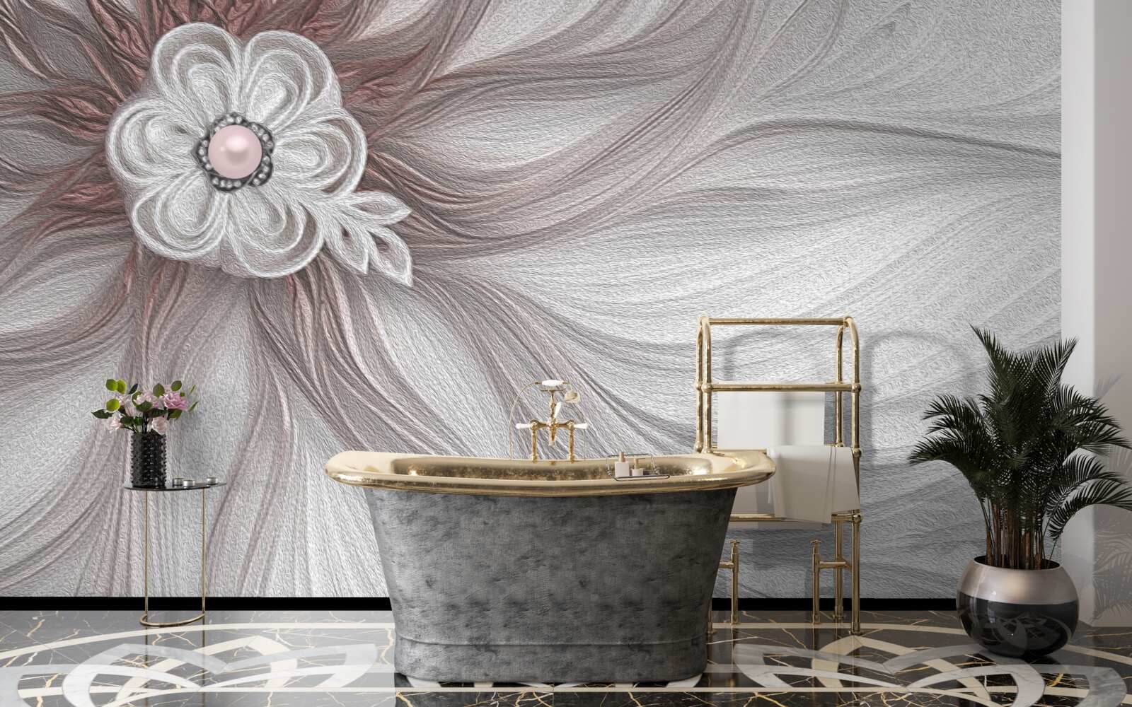 Fotobehang Het midden van de witte bloem is versierd met parels