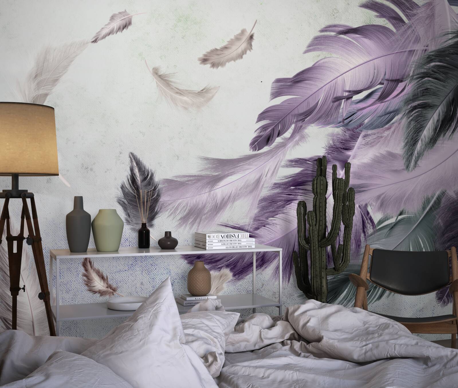 Fotobehang paarse vliegende veren