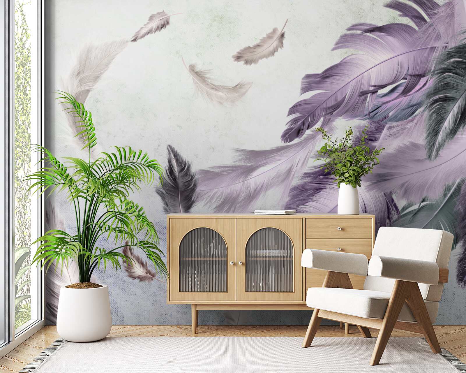 Fotobehang paarse vliegende veren