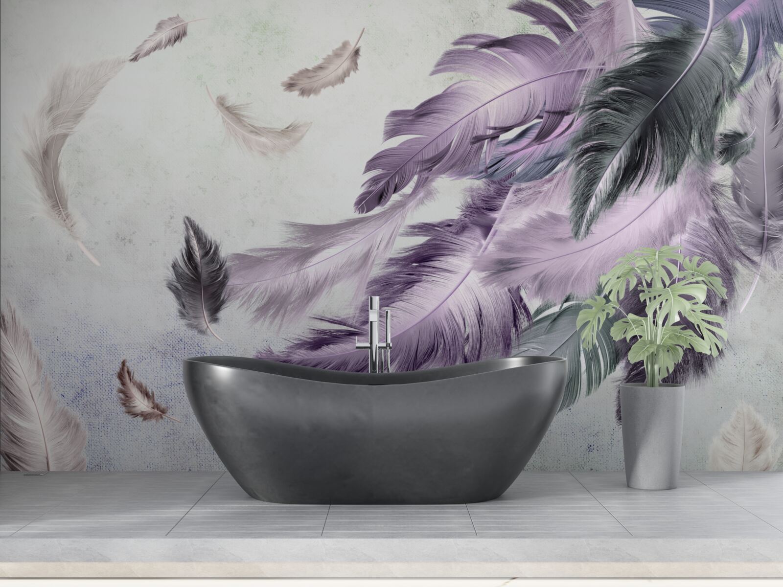 Fotobehang paarse vliegende veren