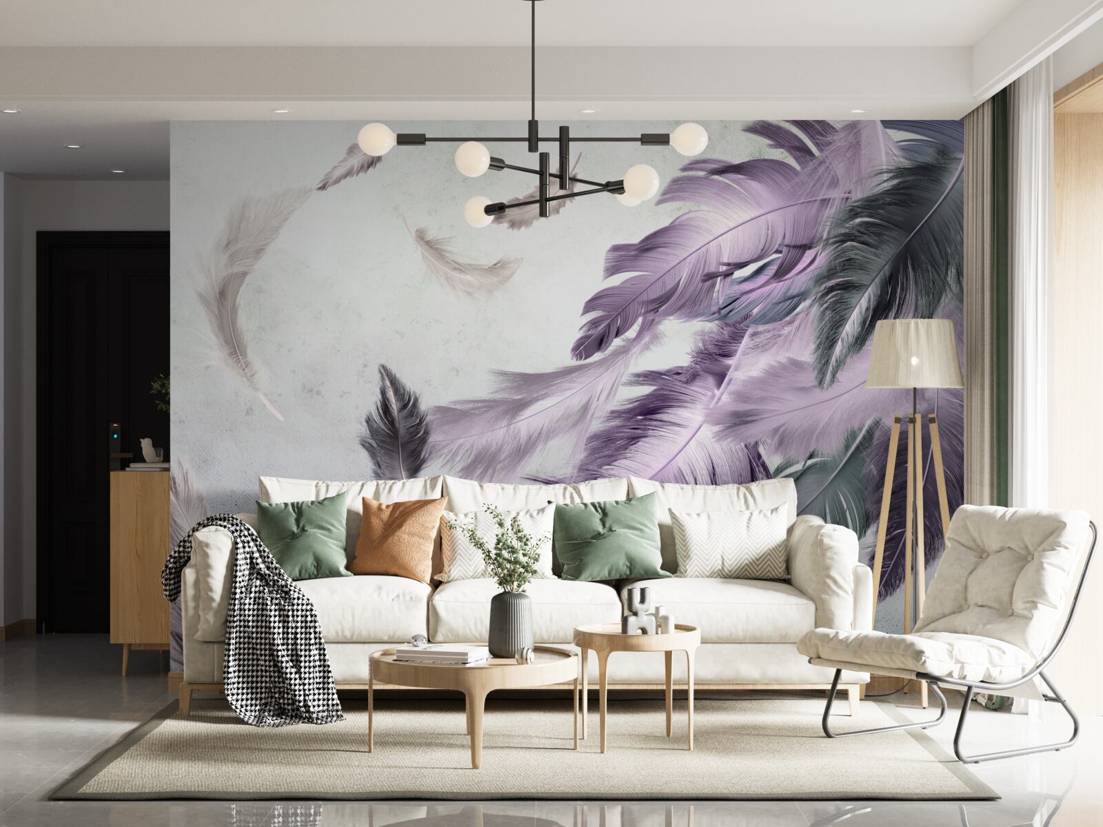 Fotobehang paarse vliegende veren