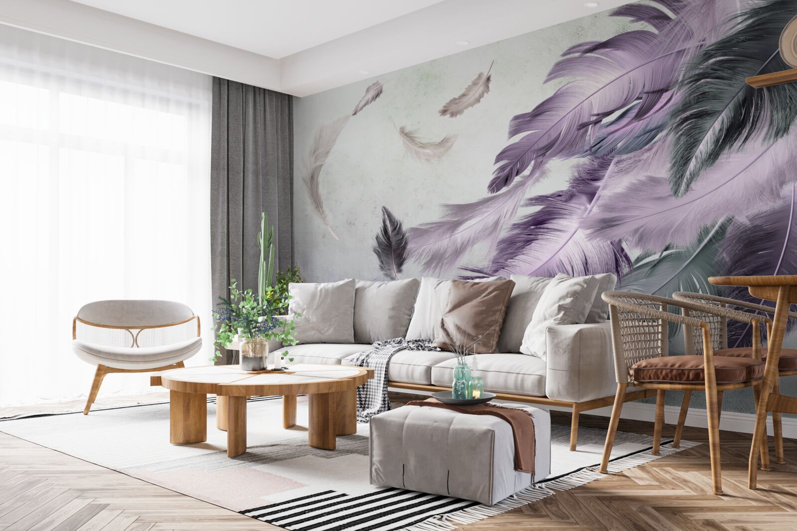 Fotobehang paarse vliegende veren