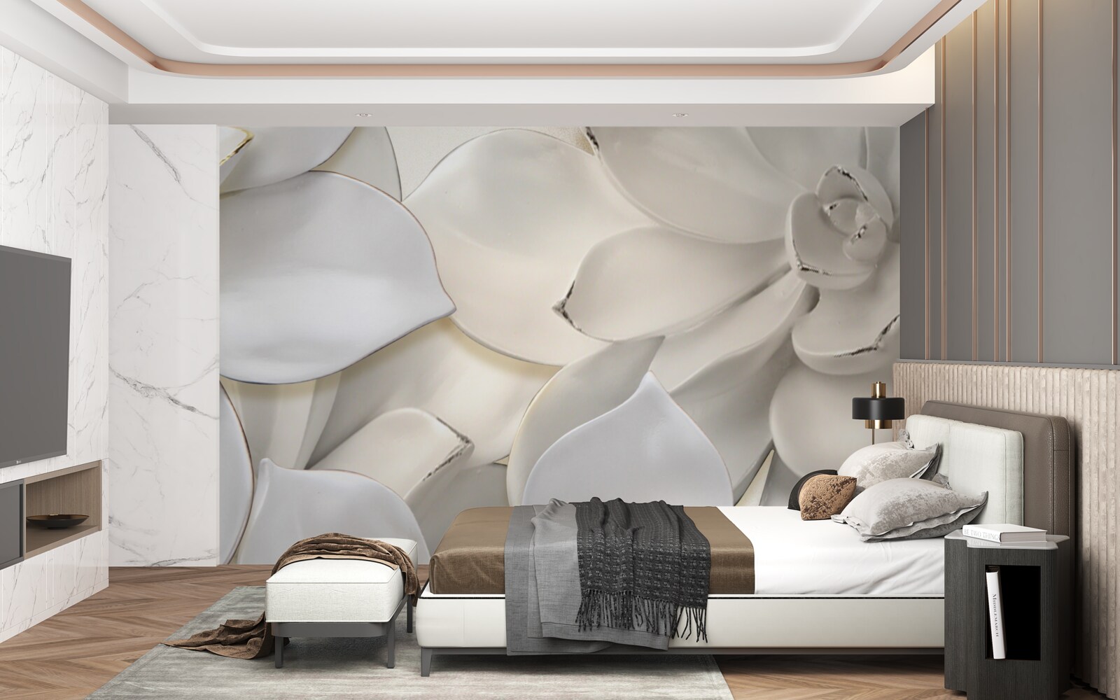 Fotobehang bloemen wit als porselein