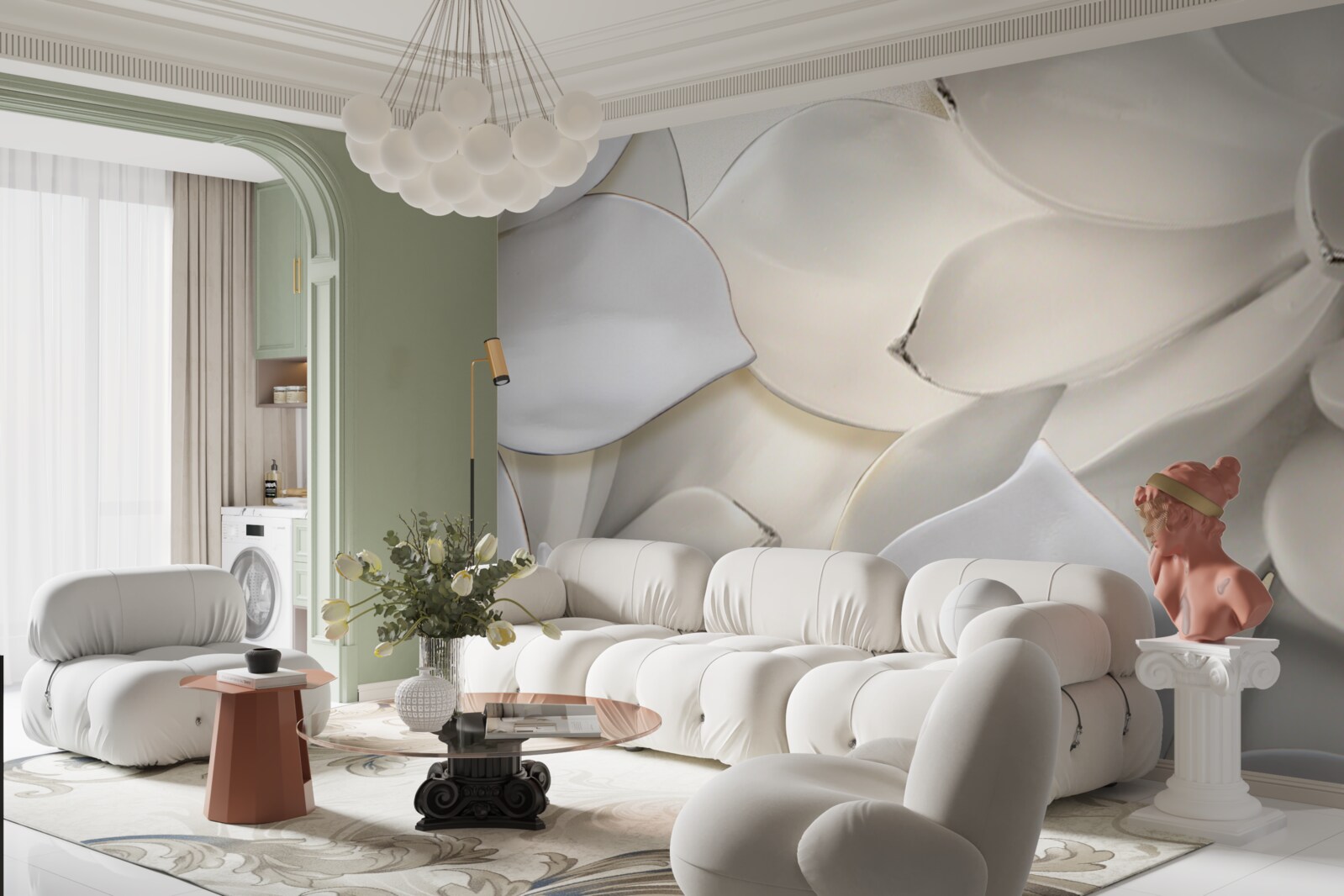 Fotobehang bloemen wit als porselein