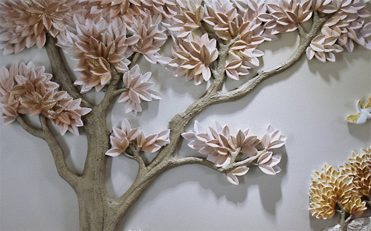 Fotobehang majestueuze boom met bladeren en vogels