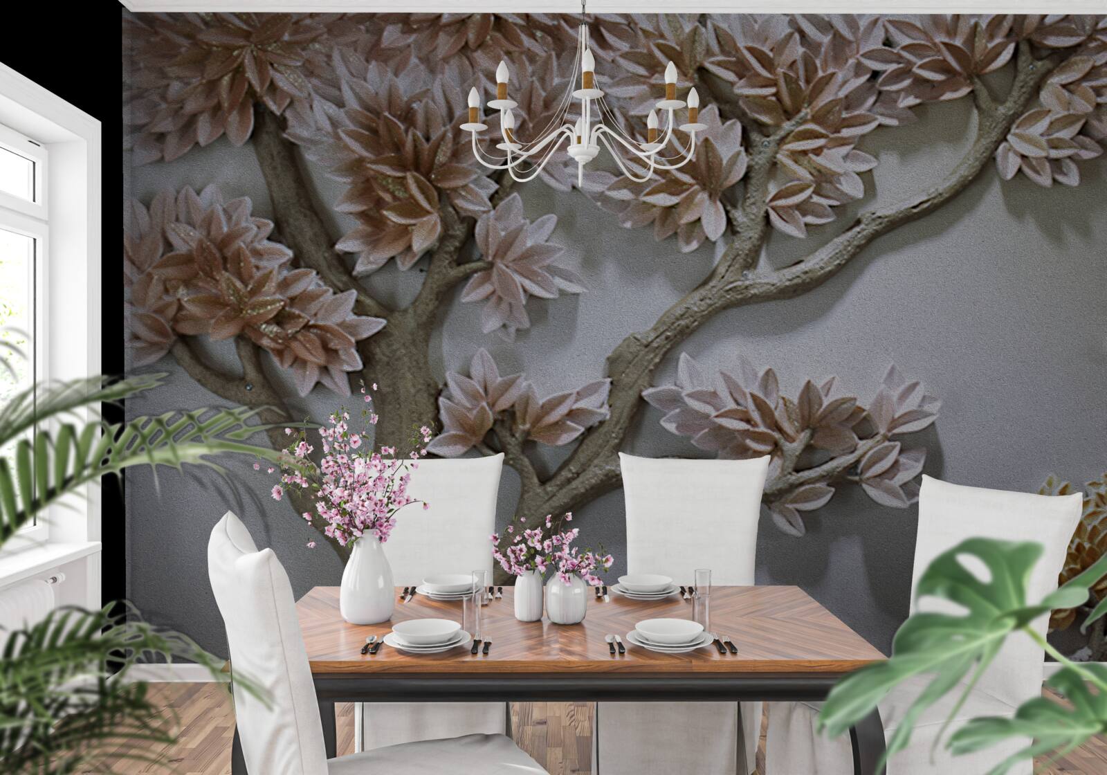 Fotobehang majestueuze boom met bladeren en vogels